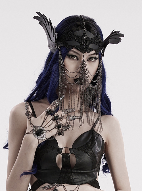 Handsome Black Artificial Leather Spliced Bat Shaped Lace Detachable Tassel Mask Punk Style Halloween Chain Mask