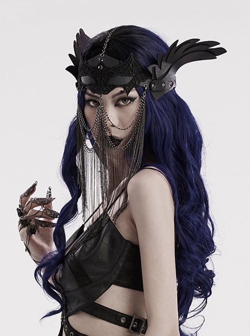 Handsome Black Artificial Leather Spliced Bat Shaped Lace Detachable Tassel Mask Punk Style Halloween Chain Mask