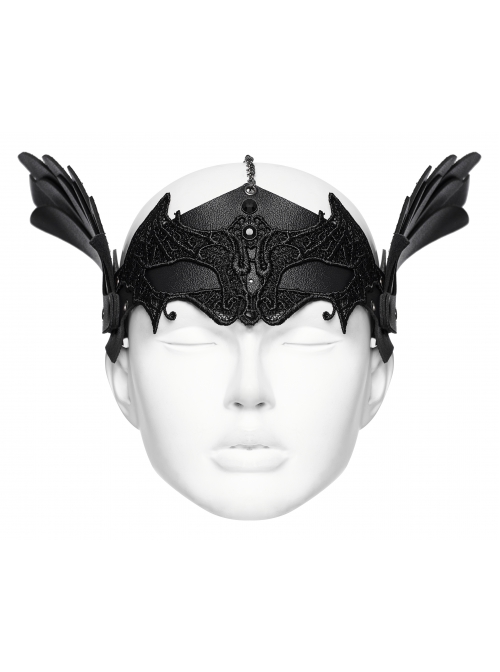 Handsome Black Artificial Leather Spliced Bat Shaped Lace Detachable Tassel Mask Punk Style Halloween Chain Mask