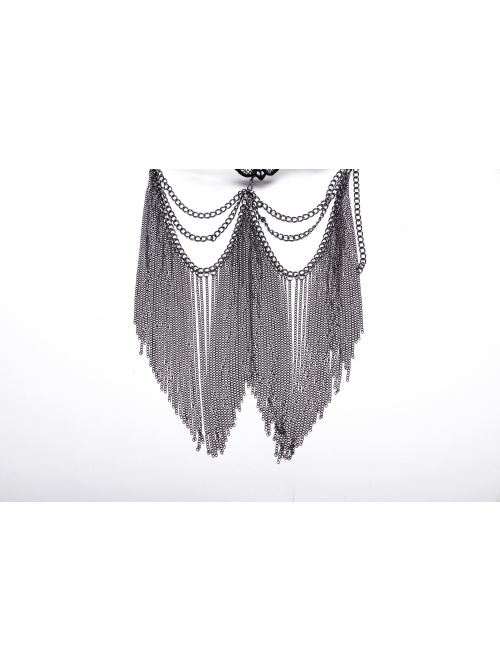 Handsome Black Artificial Leather Spliced Bat Shaped Lace Detachable Tassel Mask Punk Style Halloween Chain Mask