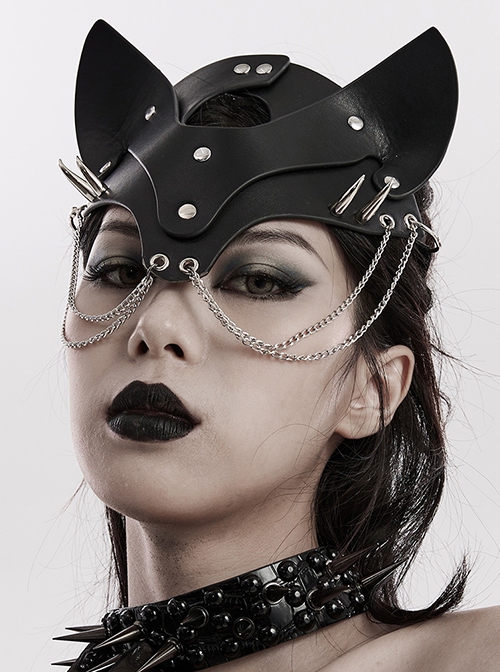 Halloween New Adjustable Metal Chain Spliced With Artificial Leather Special-Shaped Studs Decorated Punk Style Fox Mask