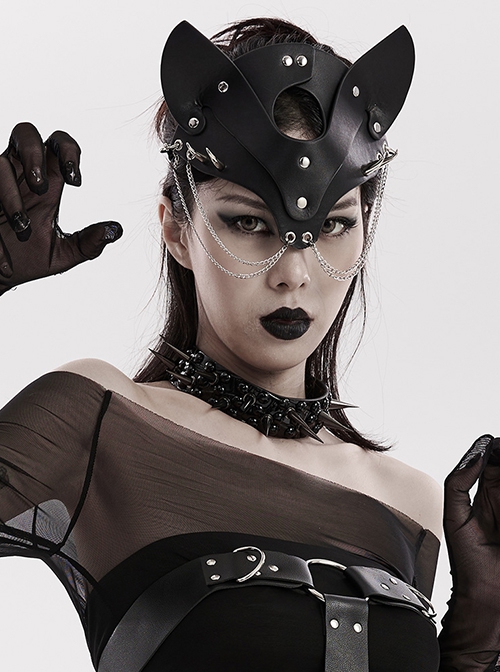 Halloween New Adjustable Metal Chain Spliced With Artificial Leather Special-Shaped Studs Decorated Punk Style Fox Mask