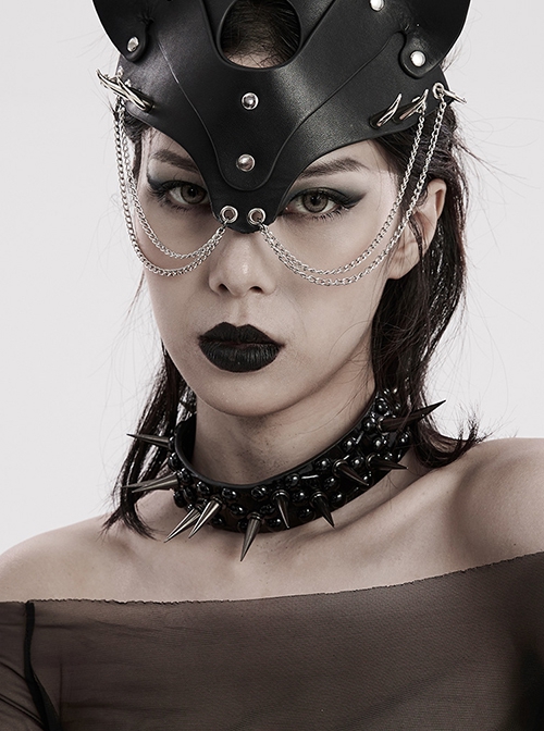 Halloween Black Faux Leather Personalized Glossy Dots And Studded Adjustable Punk Style Spiked Collar