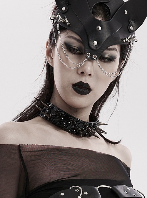 Halloween Black Faux Leather Personalized Glossy Dots And Studded Adjustable Punk Style Spiked Collar