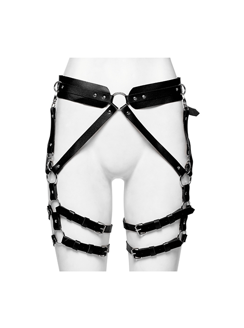 Halloween Sexy Adjustable Black Waist Leggings Punk Style Faux Leather Harness