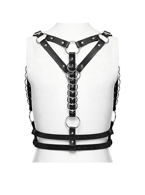 Black Adjustable Artificial Leather Sides Decorated With Multiple Metal Rings Punk Style Halloween Harness