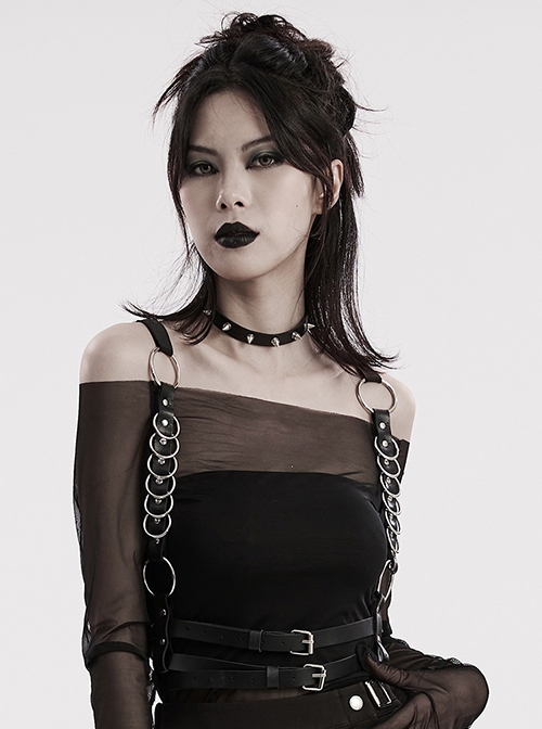 Black Adjustable Artificial Leather Sides Decorated With Multiple Metal Rings Punk Style Halloween Harness