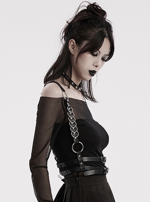 Black Adjustable Artificial Leather Sides Decorated With Multiple Metal Rings Punk Style Halloween Harness