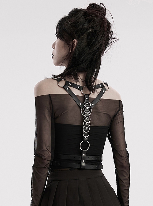 Black Adjustable Artificial Leather Sides Decorated With Multiple Metal Rings Punk Style Halloween Harness