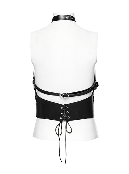Halloween Black Faux Leather Halter Neck Hollow Waist Tie Waist Punk Style Sexy Bra
