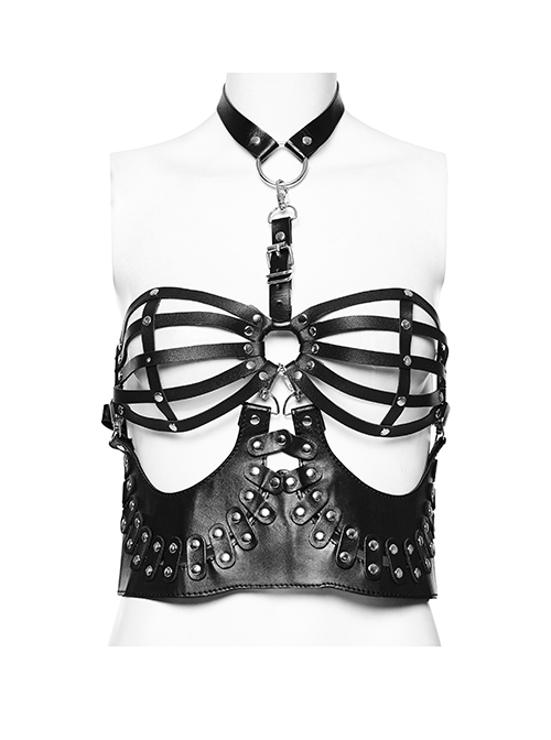 Halloween Black Faux Leather Halter Neck Hollow Waist Tie Waist Punk Style Sexy Bra