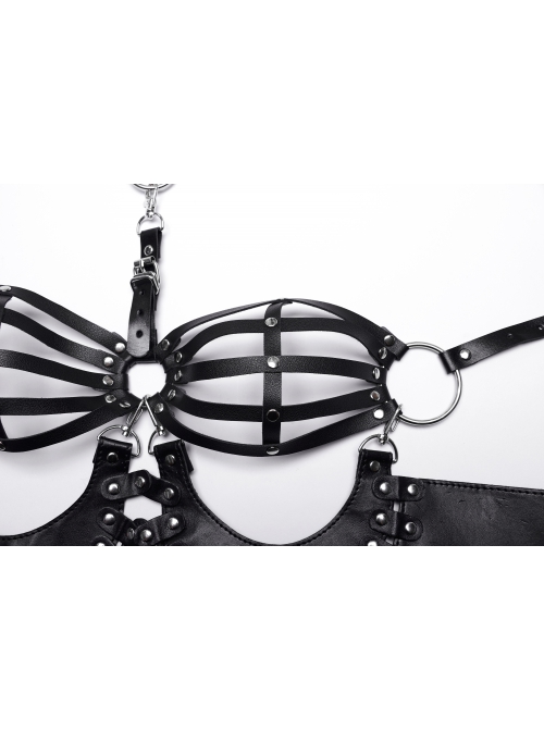 Halloween Black Faux Leather Halter Neck Hollow Waist Tie Waist Punk Style Sexy Bra
