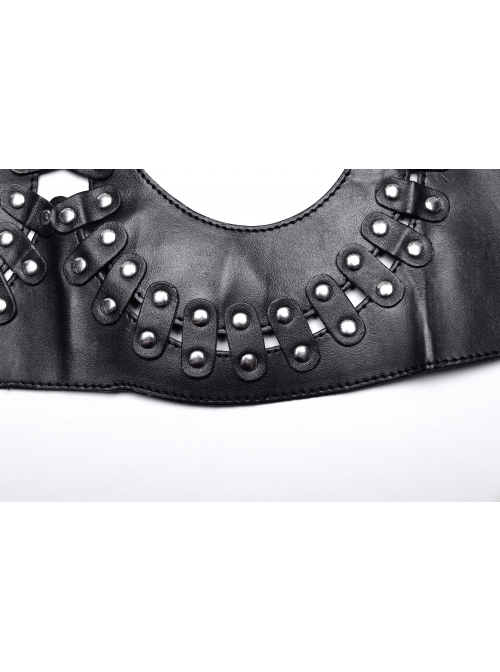 Halloween Black Faux Leather Halter Neck Hollow Waist Tie Waist Punk Style Sexy Bra