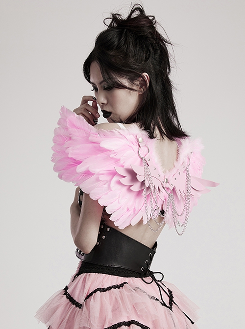 Halloween Pink Devil Feather Spliced Artificial Leather With Elastic Straps Punk Style Wing Straps
