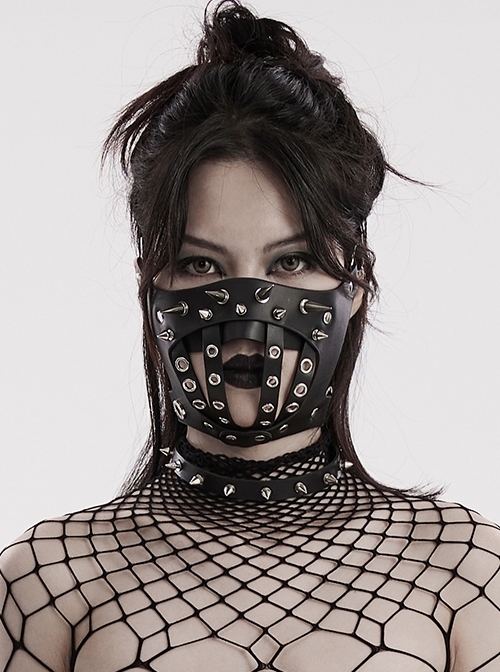 Handsome Black Artificial Leather Semi Bag Decorative Metal Rivet Dotted Punk Style Halloween Mask