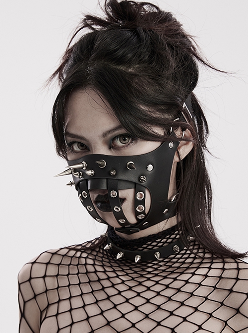Handsome Black Artificial Leather Semi Bag Decorative Metal Rivet Dotted Punk Style Halloween Mask