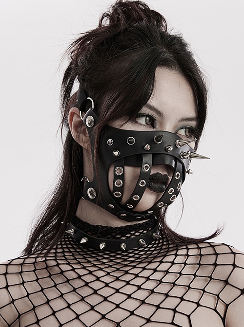 Handsome Black Artificial Leather Semi Bag Decorative Metal Rivet Dotted Punk Style Halloween Mask