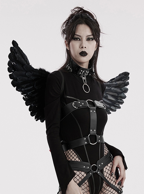 Halloween Black Devil Feather Spliced Artificial Leather With Elastic Straps Punk Style Wing Straps
