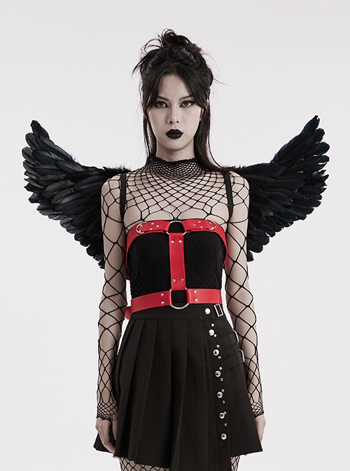 Halloween Black Red Devil Feather Spliced Artificial Leather With Elastic Straps Punk Style Wing Straps