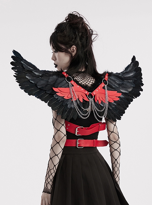 Halloween Black Red Devil Feather Spliced Artificial Leather With Elastic Straps Punk Style Wing Straps