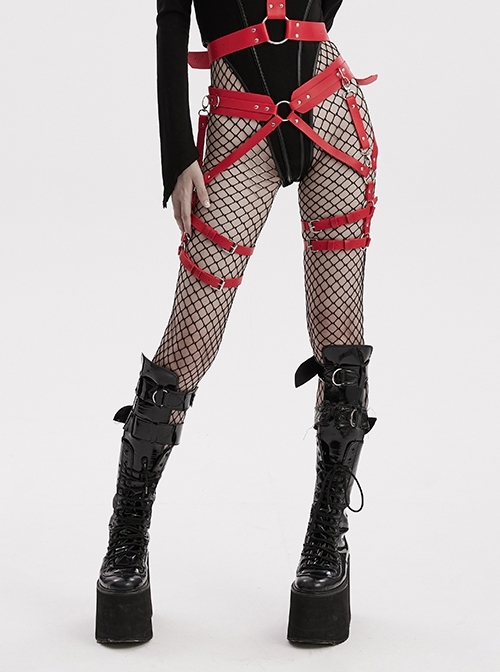 Halloween Sexy Adjustable Red Waist Leggings Punk Style Faux Leather Harness