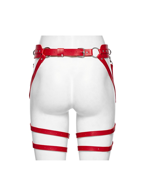 Halloween Sexy Adjustable Red Waist Leggings Punk Style Faux Leather Harness