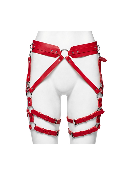 Halloween Sexy Adjustable Red Waist Leggings Punk Style Faux Leather Harness