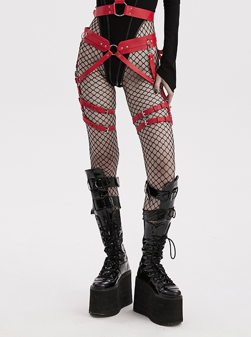 Halloween Sexy Adjustable Red Waist Leggings Punk Style Faux Leather Harness