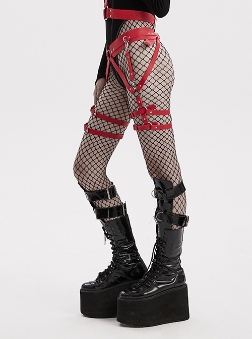 Halloween Sexy Adjustable Red Waist Leggings Punk Style Faux Leather Harness