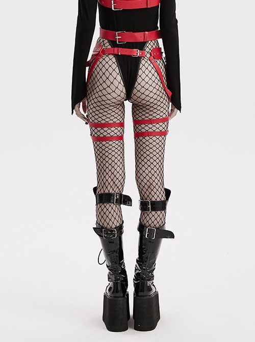 Halloween Sexy Adjustable Red Waist Leggings Punk Style Faux Leather Harness