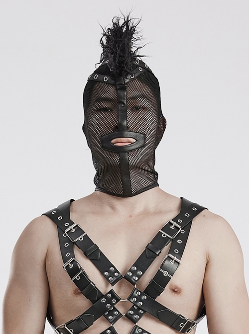 Halloween Black Mesh Spliced Wool All-Inclusive Punk Style Mohawk Hood