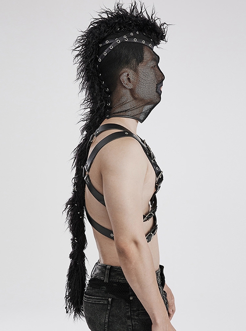 Halloween Black Mesh Spliced Wool All-Inclusive Punk Style Mohawk Hood