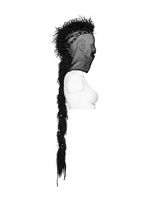 Halloween Black Mesh Spliced Wool All-Inclusive Punk Style Mohawk Hood