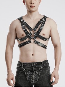 Halloween Black Double Layer Adjustable Cross Faux Leather Punk Style Men's Harness