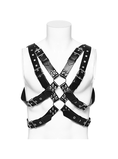 Halloween Black Double Layer Adjustable Cross Faux Leather Punk Style Men's Harness