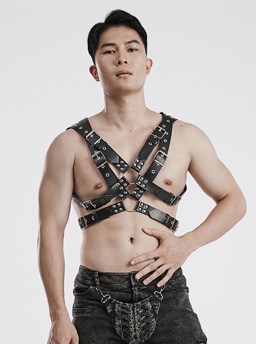 Halloween Black Double Layer Adjustable Cross Faux Leather Punk Style Men's Harness