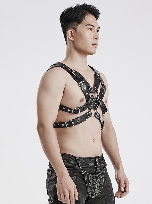 Halloween Black Double Layer Adjustable Cross Faux Leather Punk Style Men's Harness