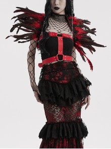 Halloween Mysterious Black And Red Spooky Feathers Decorated Gothic Style Dark Harness