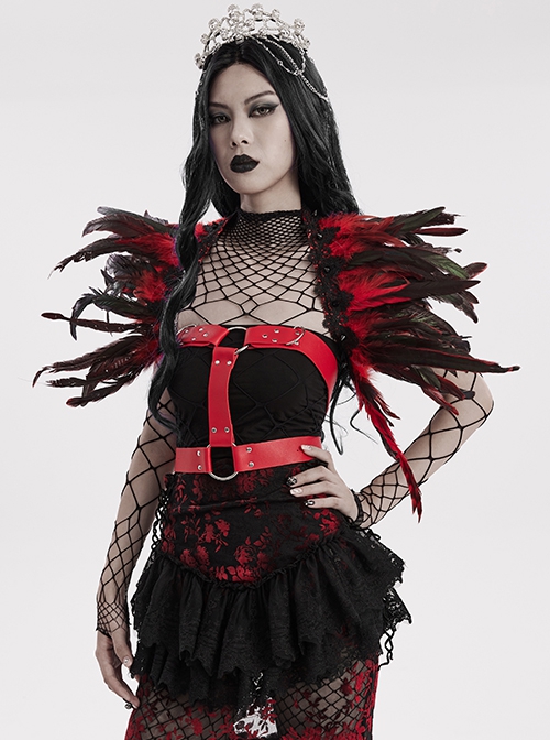 Halloween Mysterious Black And Red Spooky Feathers Decorated Gothic Style Dark Harness