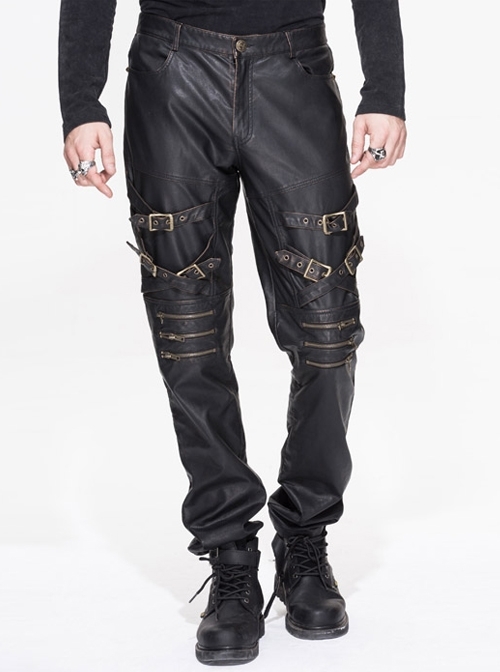 Multi-Loops Zipper Metal Inlay Bandage Bronze Hand-Rubbed Leather Punk Pants