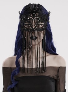Halloween Sexy Black Lace Splicing Tassel Lace Forehead Three Dimensional Phoenix Flower Gothic Style Women's Mask