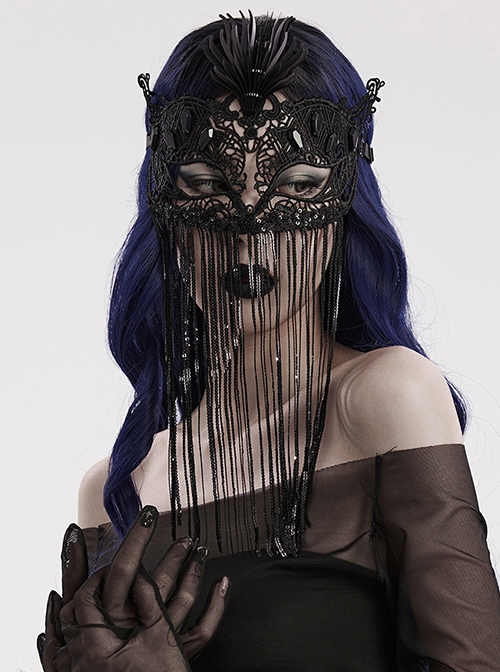 Halloween Sexy Black Lace Splicing Tassel Lace Forehead Three Dimensional Phoenix Flower Gothic Style Women's Mask