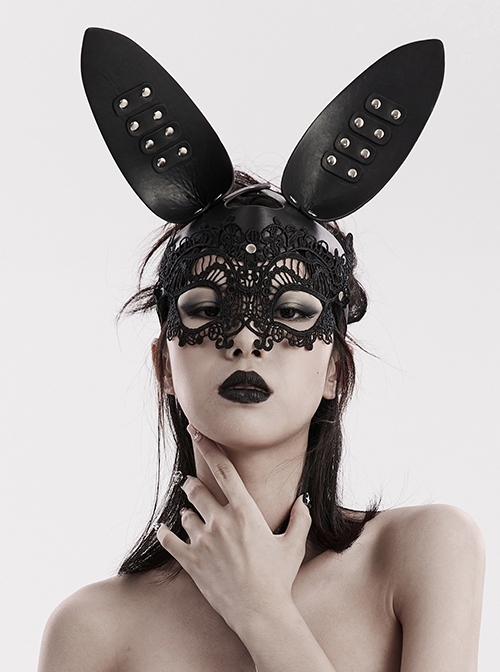 Halloween Black Lace Spliced Artificial Leather Three Dimensional Rabbit Ears Gothic Style Bunny Mask