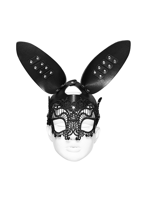 Halloween Black Lace Spliced Artificial Leather Three Dimensional Rabbit Ears Gothic Style Bunny Mask