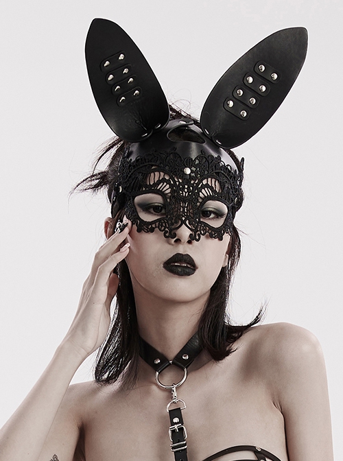 Halloween Black Lace Spliced Artificial Leather Three Dimensional Rabbit Ears Gothic Style Bunny Mask