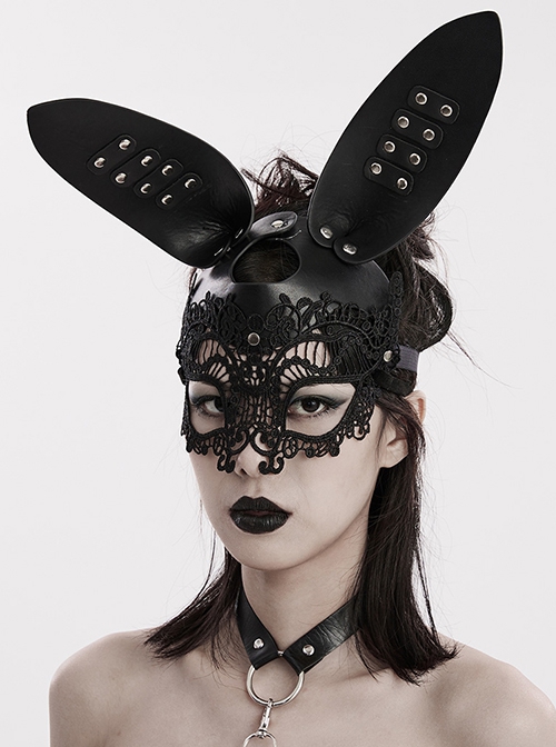 Halloween Black Lace Spliced Artificial Leather Three Dimensional Rabbit Ears Gothic Style Bunny Mask