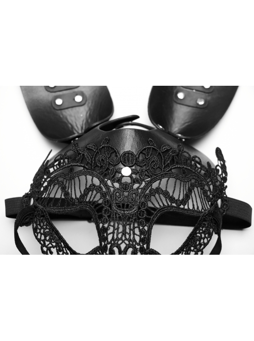 Halloween Black Lace Spliced Artificial Leather Three Dimensional Rabbit Ears Gothic Style Bunny Mask
