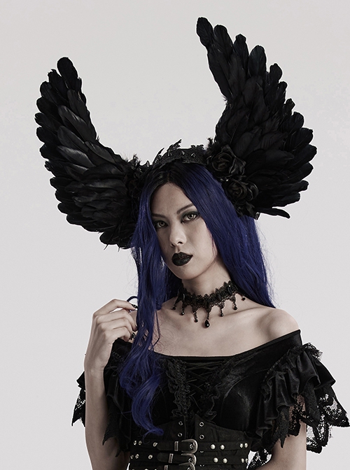 Halloween Black Exquisite Lace With Devil Feather Wings Gothic Feather Headdress