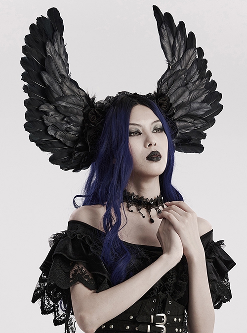 Halloween Black Exquisite Lace With Devil Feather Wings Gothic Feather Headdress