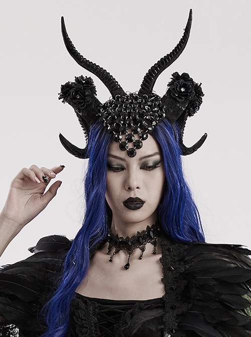 Halloween Black Plastic Horns Spliced Woven Two Sides Luxury Sparkling Diamond Gothic Devil Headdress